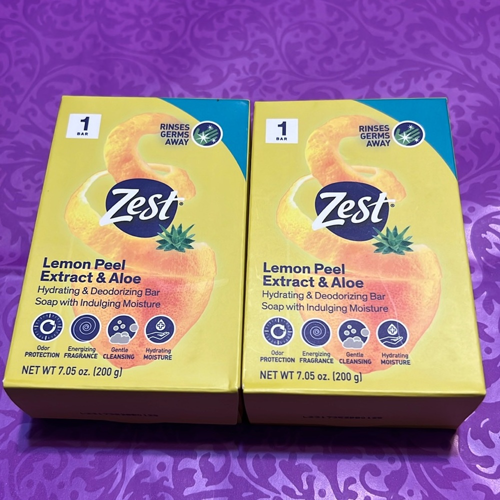 New Two 7.05 oz Zest Lemon Peel Extract & Aloe Bar Soap Rinses Germs Away